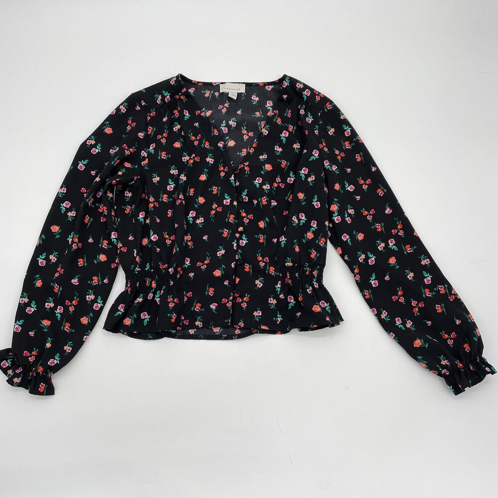 TOPSHOP Black Floral Long Sleeve Smocked Button-up Cropped Blouse Women's Sz 4
